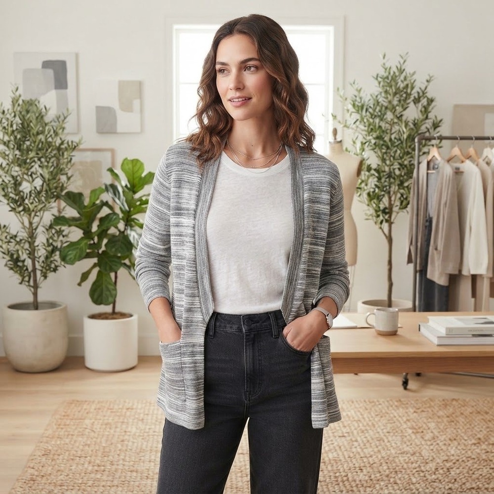 Eileen Fisher Cardigan Womens L Grey Space Dye Open Front Cotton Tencel Sweater